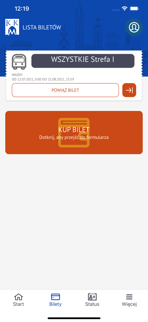 mobilna KKM - La interfaz de lista de billetes de la aplicación mobilna KKM mostrando un billete de transporte activo para la Zona I y un botón para comprar un nuevo billete.