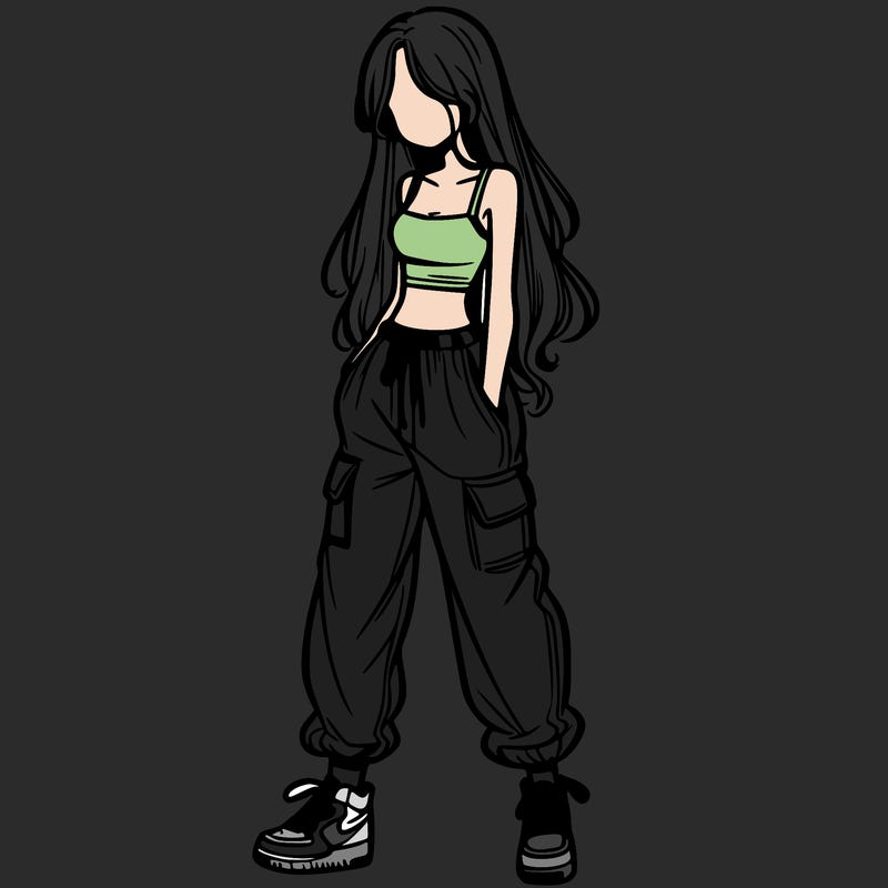girl in baggy pants crop top and long hair