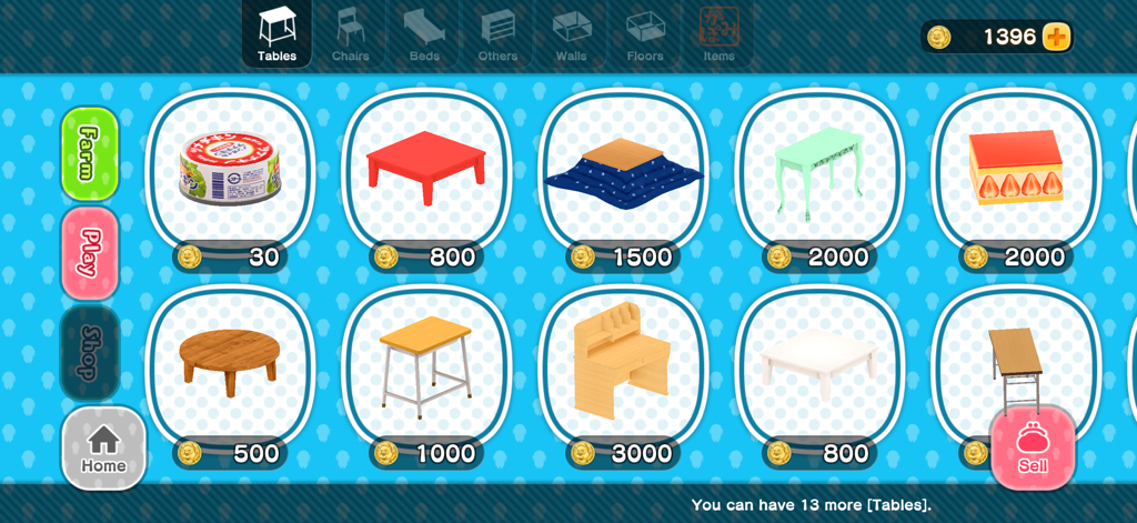 Raising Ojipockle - In-game furniture shop interface in Raising Ojipockle showing various tables for purchase with coins