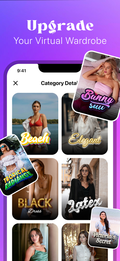 AI Photo Generator: Boopix - Interface of Boopix app showing various AI fashion style categories for virtual try on