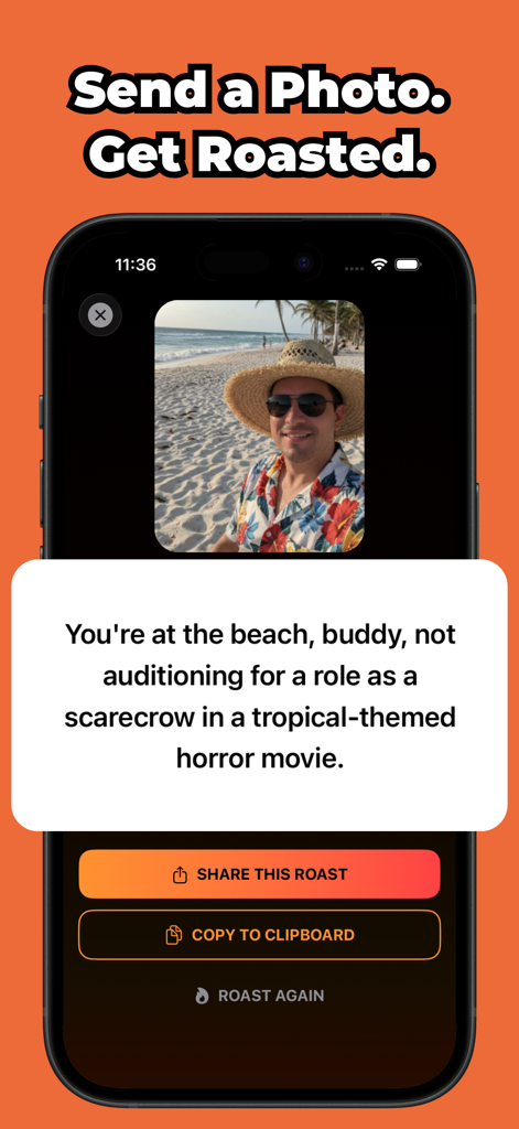 Roast App interface displaying a savage AI generated roast of a man in a straw hat on a beach.
