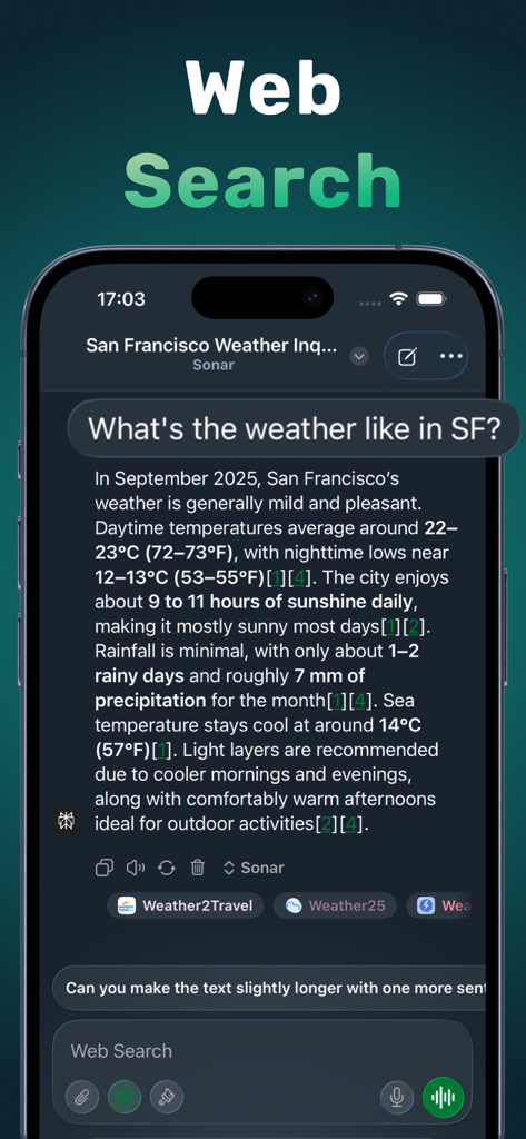 Xenova AI assistant interface showing a web search result for San Francisco weather with citations