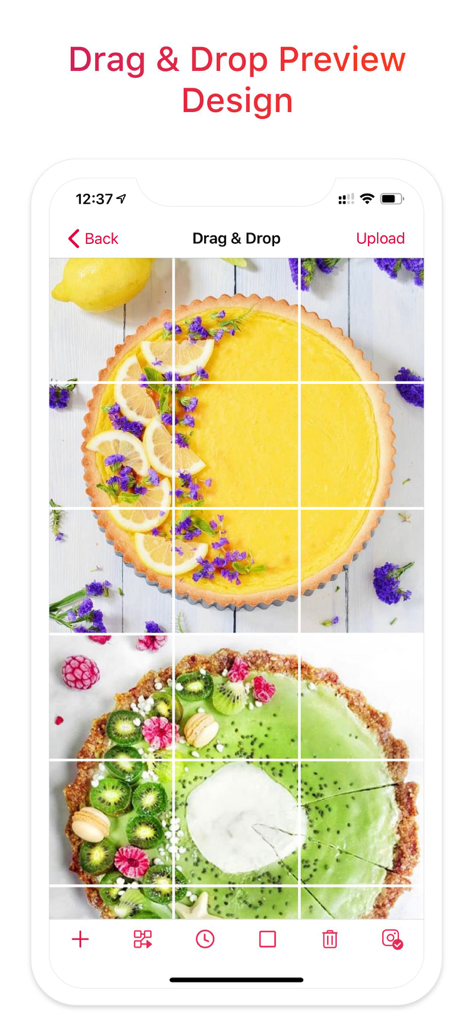 Aplicación Apphi mostrando el diseño de vista previa de cuadrícula de arrastrar y soltar para publicaciones de Instagram