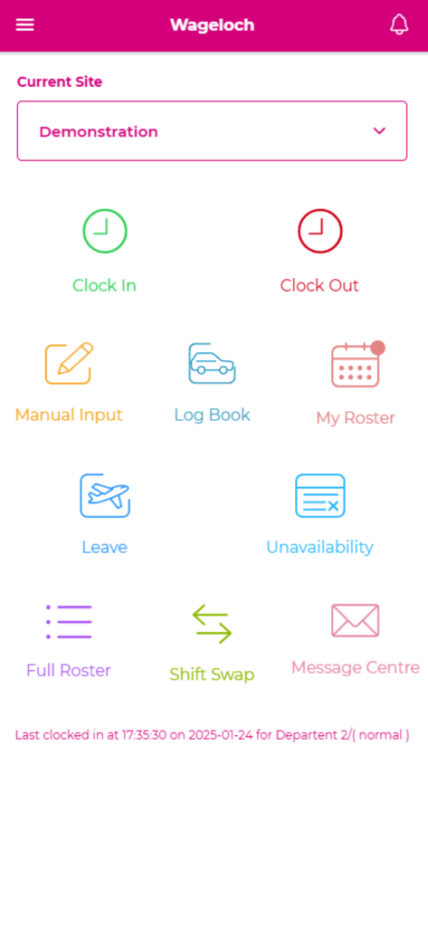 Wageloch Mobile - Main dashboard of Wageloch Mobile app featuring clock in and clock out icons, rosters, and leave requests.