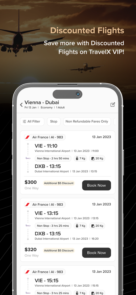 Travel VIP - Interface of the Travel VIP app showing discounted flight results for a trip from Vienna to Dubai