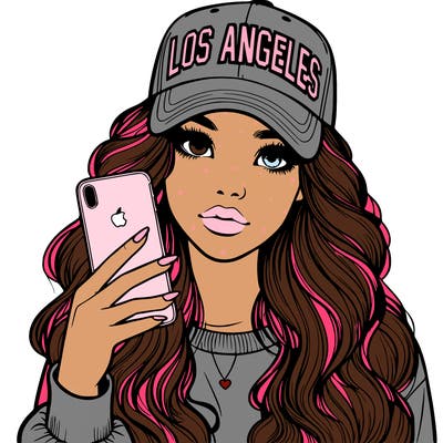 realistic beautiful girl wearing los ángeles cap holding an iphone