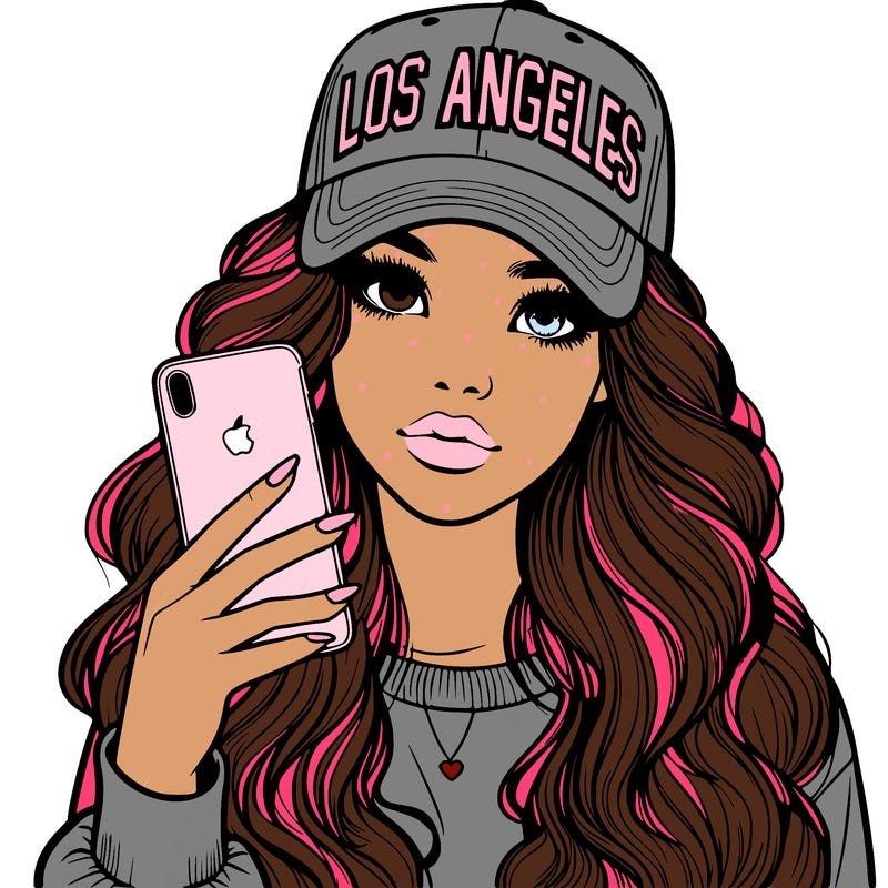 realistic beautiful girl wearing los ángeles cap holding an iphone