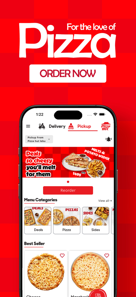 Pizza Hut Ethiopia - Pizza Hut Ethiopia mobile app showing pizza menu and order now button