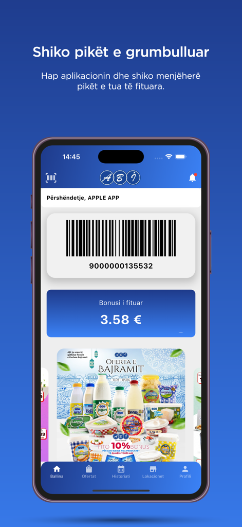 ABI Bonus - ABI Bonus app screen showing digital loyalty barcode and earned reward points balance