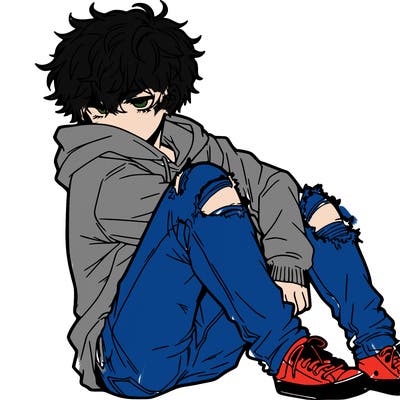 a male hoddie ripped jeans messy hair anime