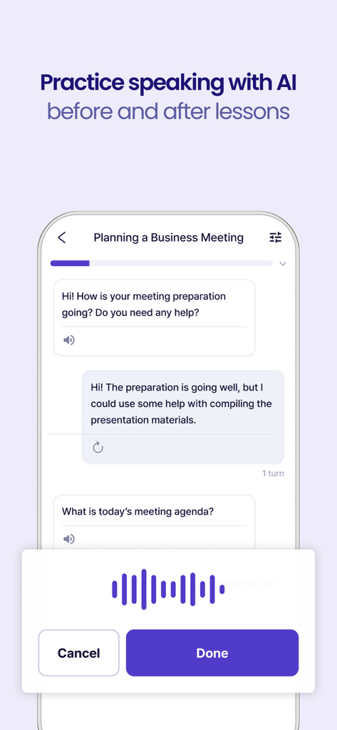Ringle - 1:1 Online English - Interface de l'application Ringle montrant l'entraînement à l'expression orale par IA pour la préparation de réunions d'affaires avec une fonction d'enregistrement vocal