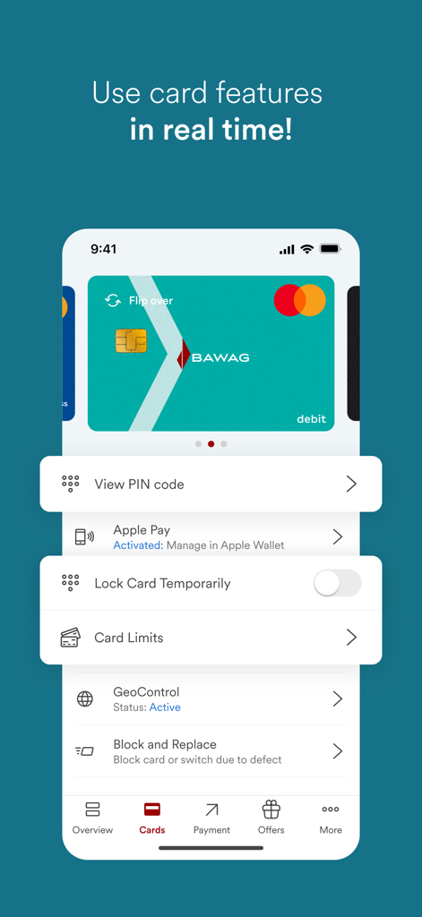 BAWAG Banking App - BAWAG app interface showing real-time card management features like locking cards and viewing PIN codes