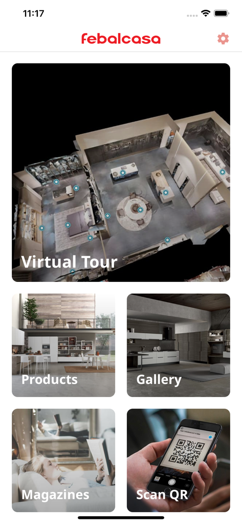 Febal Casa mobile App-Startbildschirm mit virtueller Tour, Produktkatalog, Galerie und Magazinbereichen