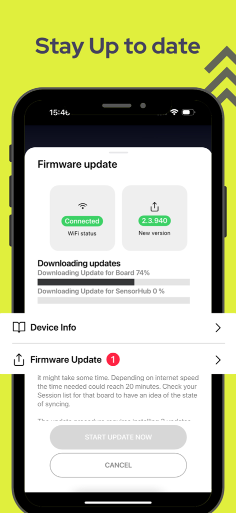 SiFly eFoils - Interfaz de la aplicación SiFly eFoils que muestra el progreso de una actualización de firmware para la tabla y el sensor.