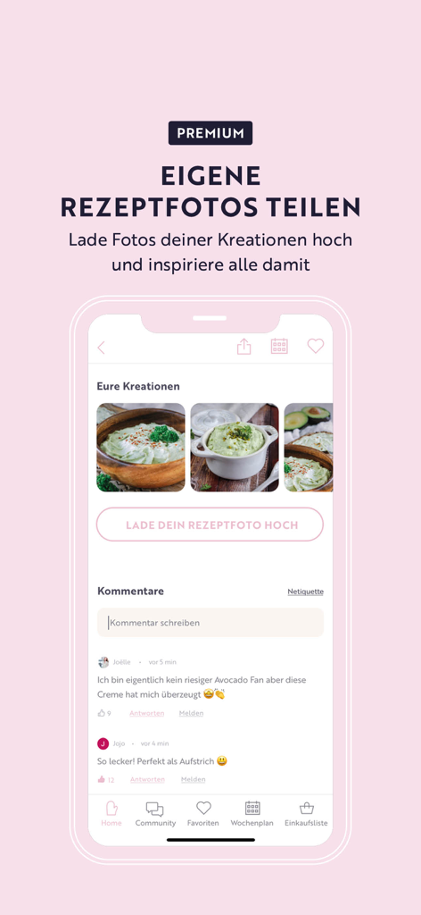 Premium-Funktion in der food with love App, die eine Rezept-Community zeigt, in der Benutzer Fotos von Gerichten teilen und kommentieren können