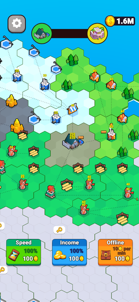 Factory World - Factory Worldのゲーム内ビュー、六角形のグリッド上の接続された工場と生産ラインを特徴としています。