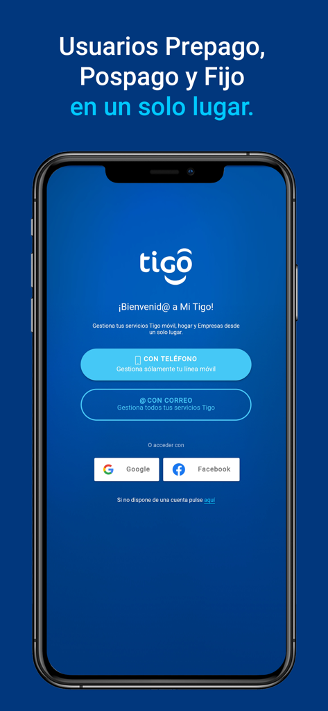 Mi Tigo Paraguay - Login and welcome screen of the Mi Tigo Paraguay mobile app showing options to sign in with phone or email