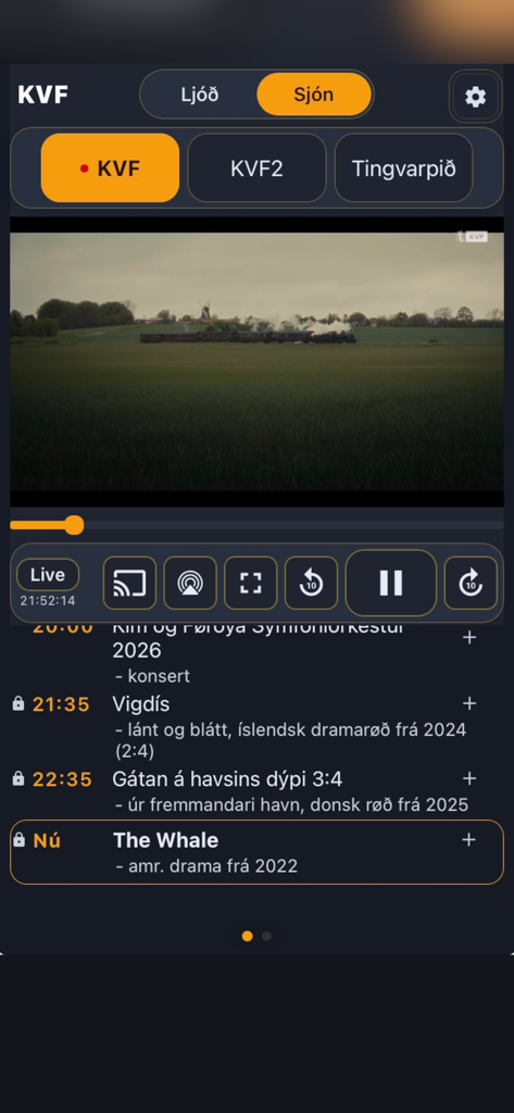 KVF live - Interface of the KVF live app showing a video player and a list of Faroese TV programs