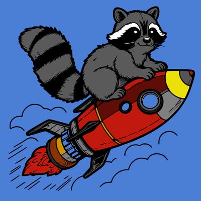 realistic raccoon flying on top rocket ship