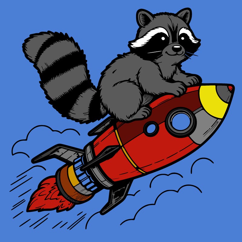 realistic raccoon flying on top rocket ship