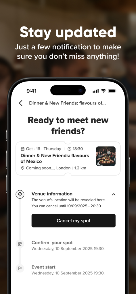 WeMeet by WeRoad - WeMeet app screen showing details for a social dinner event in London with a cancel button and timeline
