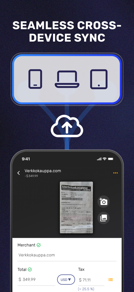 スマートフォン、ラップトップ、タブレットデバイス間でシームレスなクラウド同期を示すSparkReceiptアプリインターフェース。