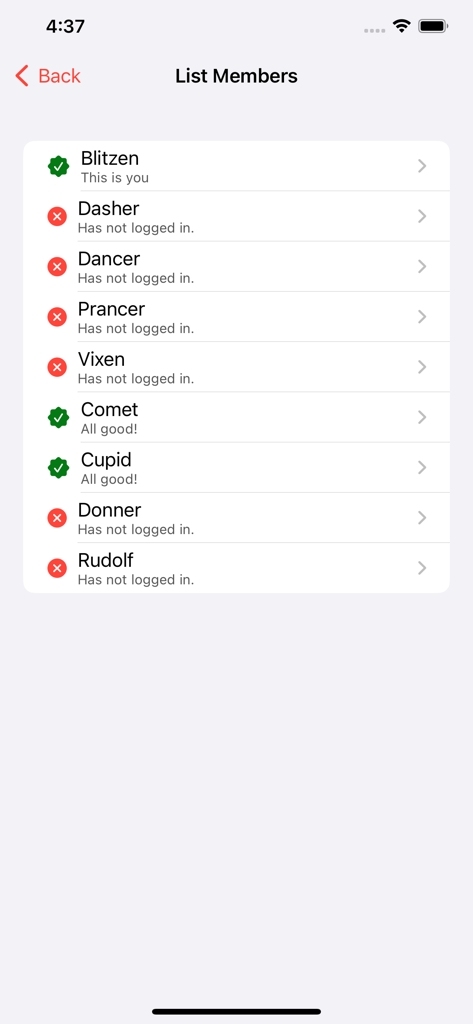 Secret Santa app interface showing a list of group members and their login verification status