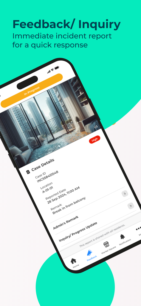i-Neighbour - Mobile screen of the i-Neighbour app displaying a feedback incident report for a balcony break-in.