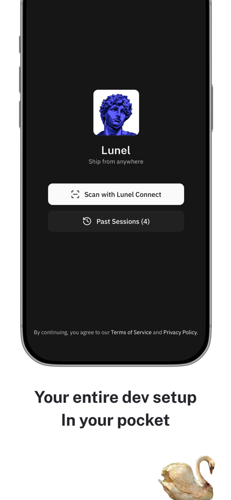 Lunel - Home screen of the Lunel mobile development environment app showing options to scan and connect or view past sessions