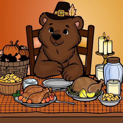 realistic bear sitting at a thanksgiving table full of food