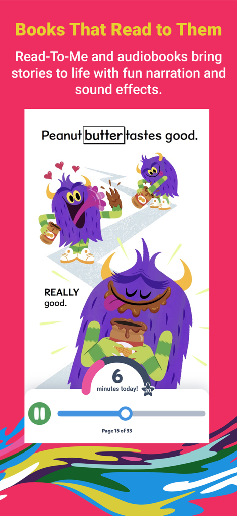 Epic - Kids' Books & Reading - Capture d'écran d'une application épique affichant un livre à lire à voix haute avec des illustrations de monstres et un minuteur de progression de lecture quotidienne.