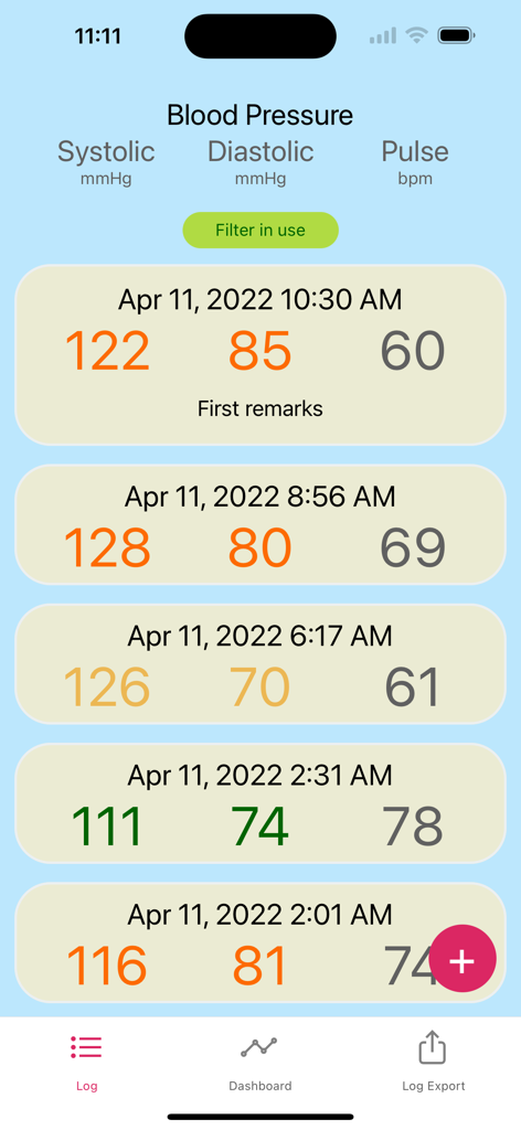 Offline BP Log - List of blood pressure readings showing systolic diastolic and pulse measurements with dates and times