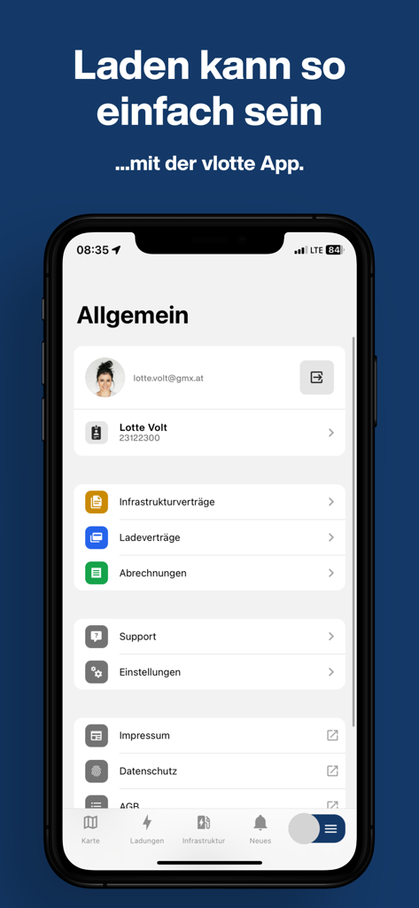 vkw vlotte - User account and profile settings screen in the vkw vlotte electric vehicle charging app