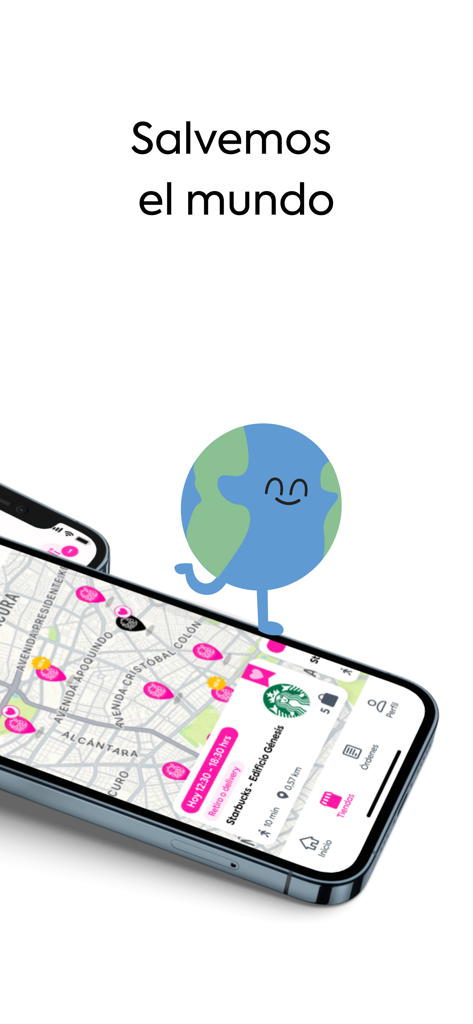 GoodMeal - Mapa de la app GoodMeal mostrando ubicaciones de rescate de comida con una mascota amigable del planeta Tierra.