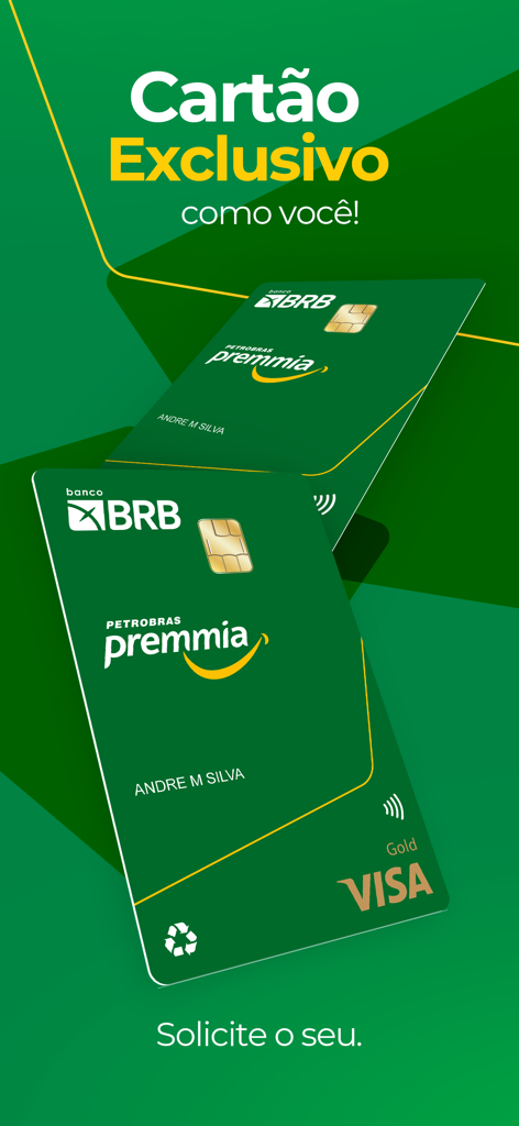 BRB - Cartão Petrobras Premmia - Exibição promocional do cartão de crédito BRB Petrobras Premmia Visa Gold com tema verde.