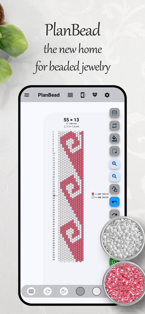 Interfaccia dell'app PlanBead che mostra un design di motivo di gioielli di perline rosa e bianche su una griglia