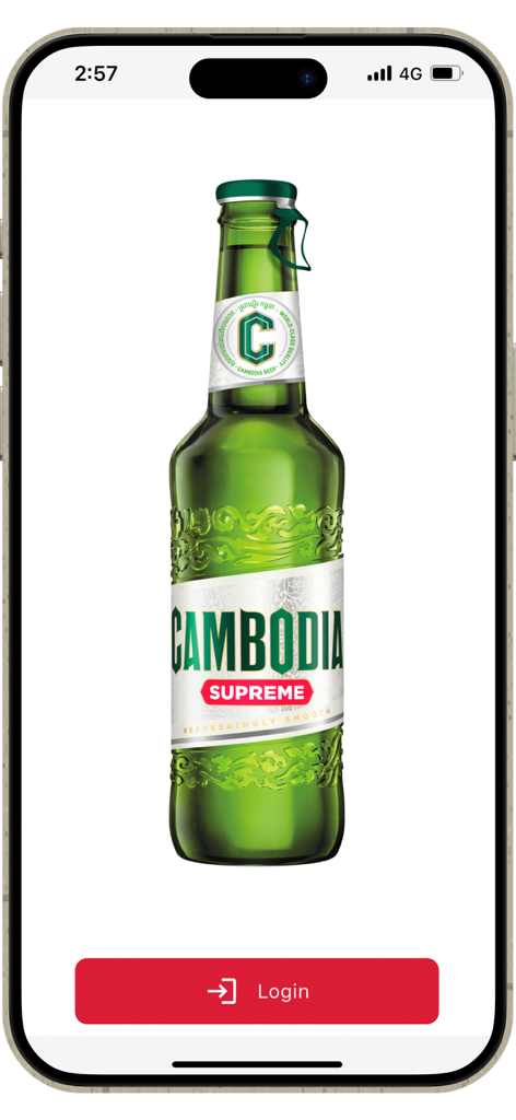 CAMBODIA Drinks - Login screen of the CAMBODIA Drinks app featuring a bottle of Cambodia Supreme beer
