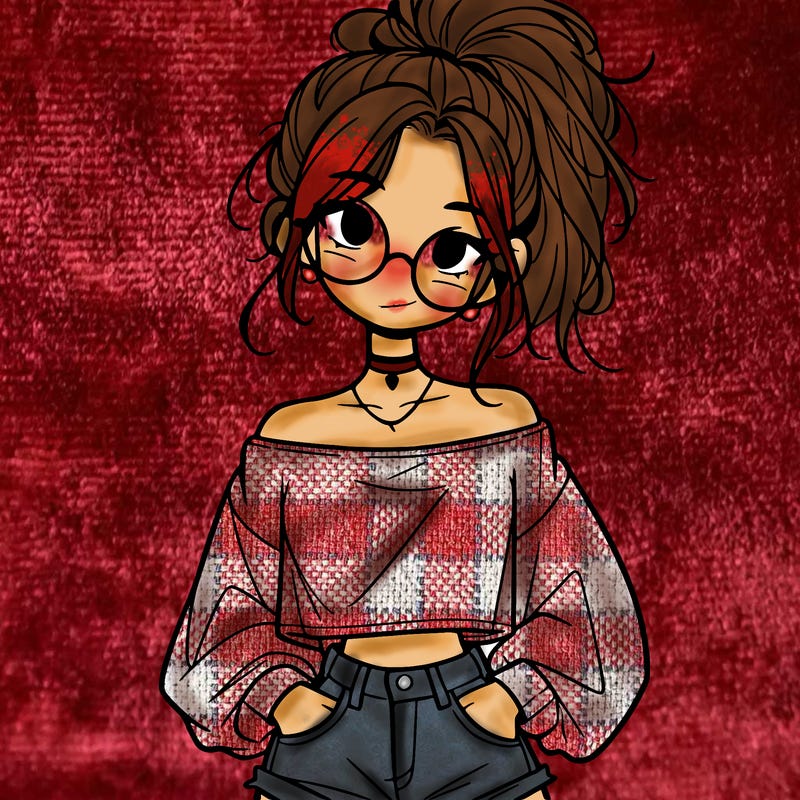 girl with a messy ponytail glasses a baggy crop top and jean shorts