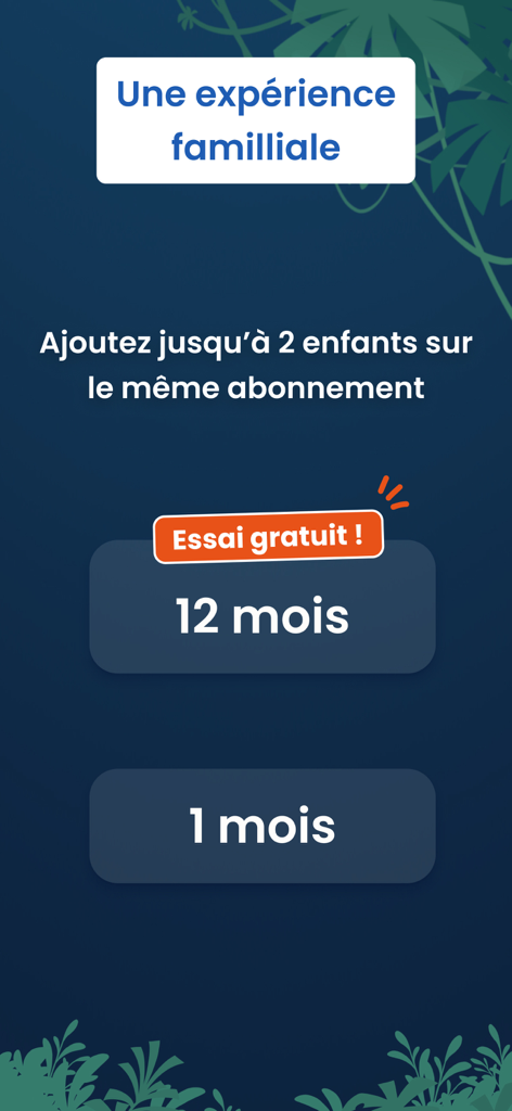 Poppins Learning - Options d'abonnement pour Poppins Learning montrant un forfait familial pour un maximum de deux enfants avec des plans mensuels et annuels et une offre d'essai gratuite.