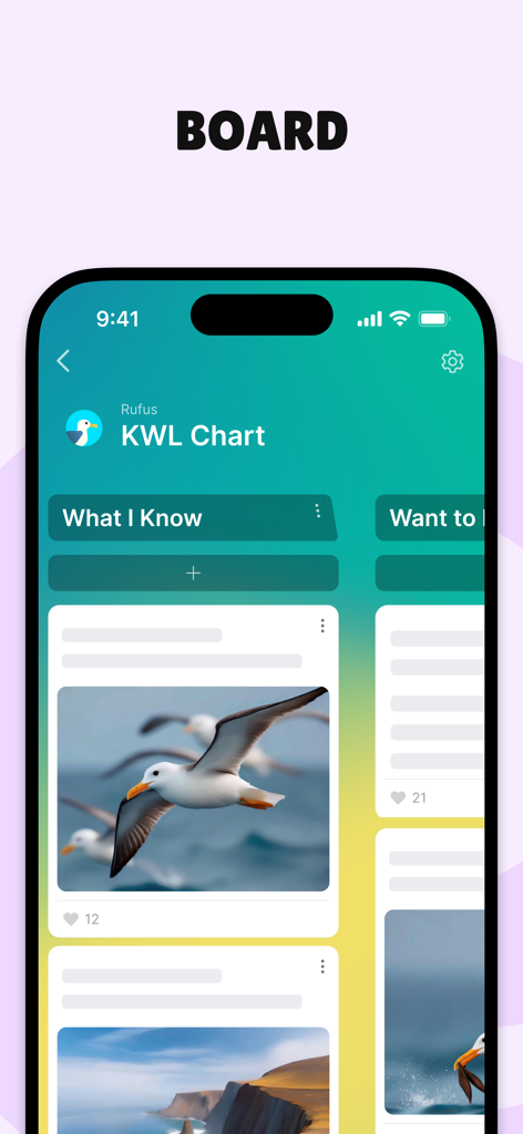 Interfaz de la aplicación móvil Padlet que muestra un gráfico KWL visual para el aprendizaje colaborativo educativo.