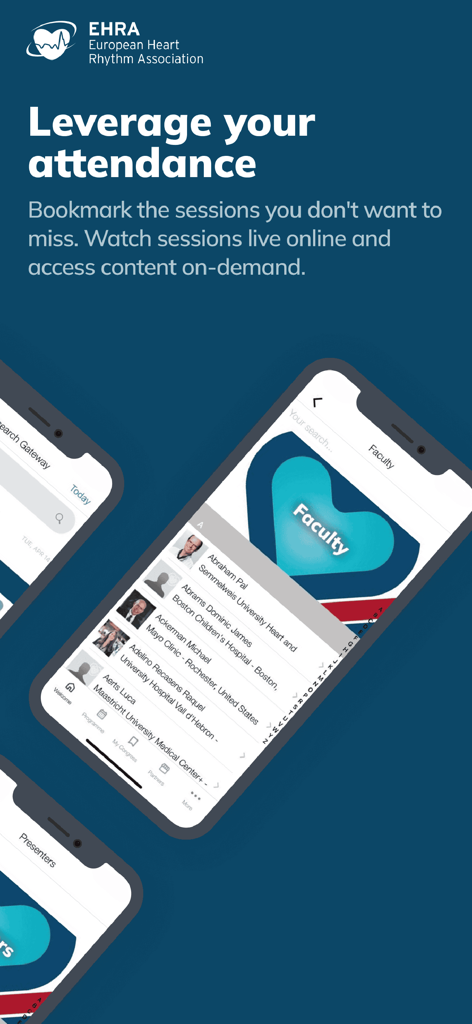 EHRA 2026 - EHRA 2026 mobile app faculty directory showing names and medical affiliations of cardiology specialists
