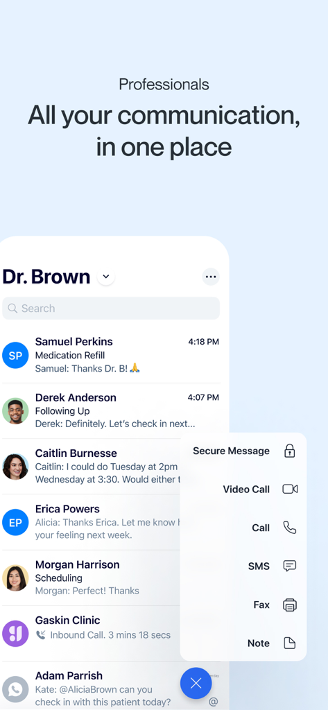 Spruce: Medical Communication - Interface of the Spruce app showing a unified inbox for healthcare professionals with secure messaging and video call options.