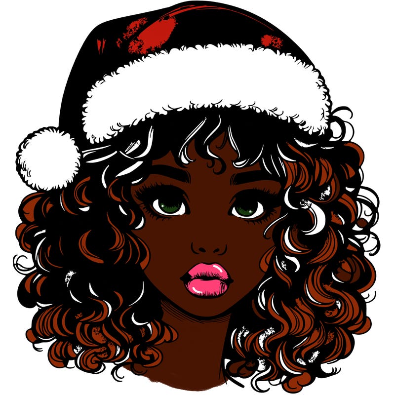 realistic girl with a santa hat curly hair and lips