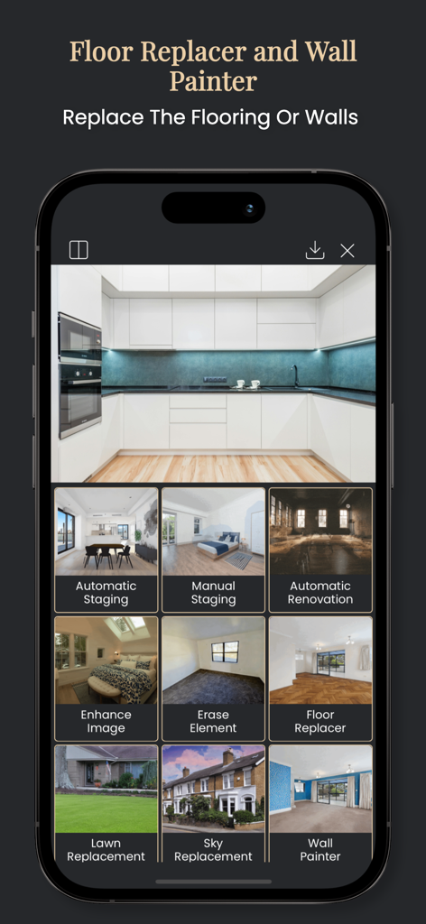 Stager AI app interface showing virtual floor replacement and wall painting features for home staging.
