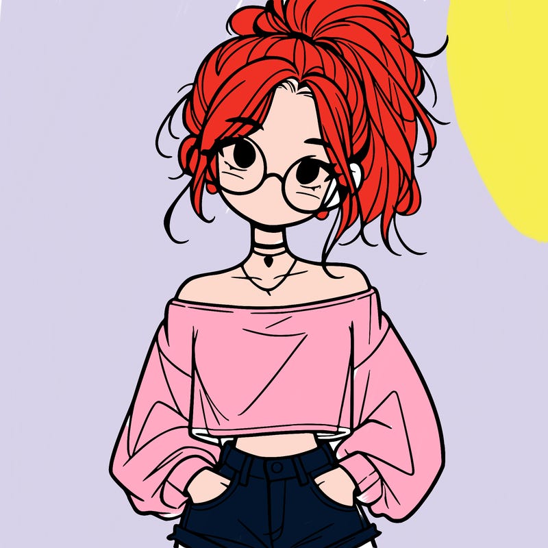 girl with a messy ponytail glasses a baggy crop top and jean shorts