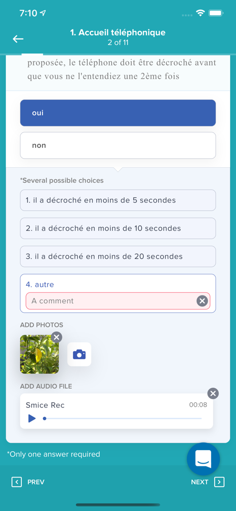 Smice app mission questionnaire with photo and audio upload features
