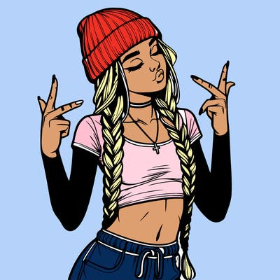 realistic teenage girl with braids and a beanie and crop top doing 🫶🏼