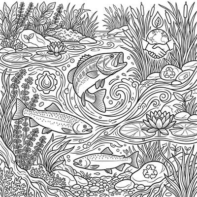 Celebrate Earth Day with this engaging coloring page featuring energetic freshwater fish swimming in a vibrant aquatic ecosystem. Discover intricate details of river life and subtle environmental themes, perfect for a relaxing and educational coloring experience.