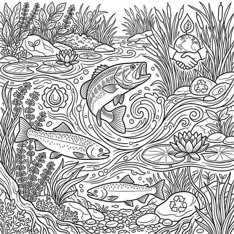 Celebrate Earth Day with this engaging coloring page featuring energetic freshwater fish swimming in a vibrant aquatic ecosystem. Discover intricate details of river life and subtle environmental themes, perfect for a relaxing and educational coloring experience.