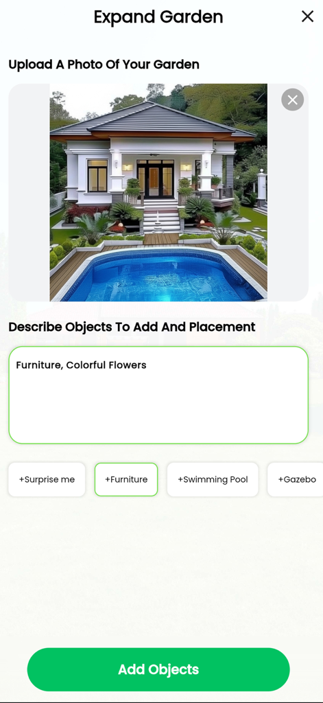 Landscape Design: My AI Garden - A smartphone screen showing an AI landscape design tool to add furniture and flowers to a garden photo